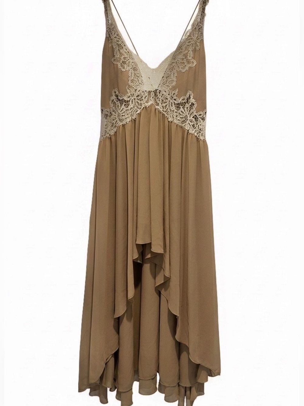New Zara Asymmetric Tan Strappy Lace-Trimmed Slip Dress & beige Lace Accents M - Picture 4 of 10